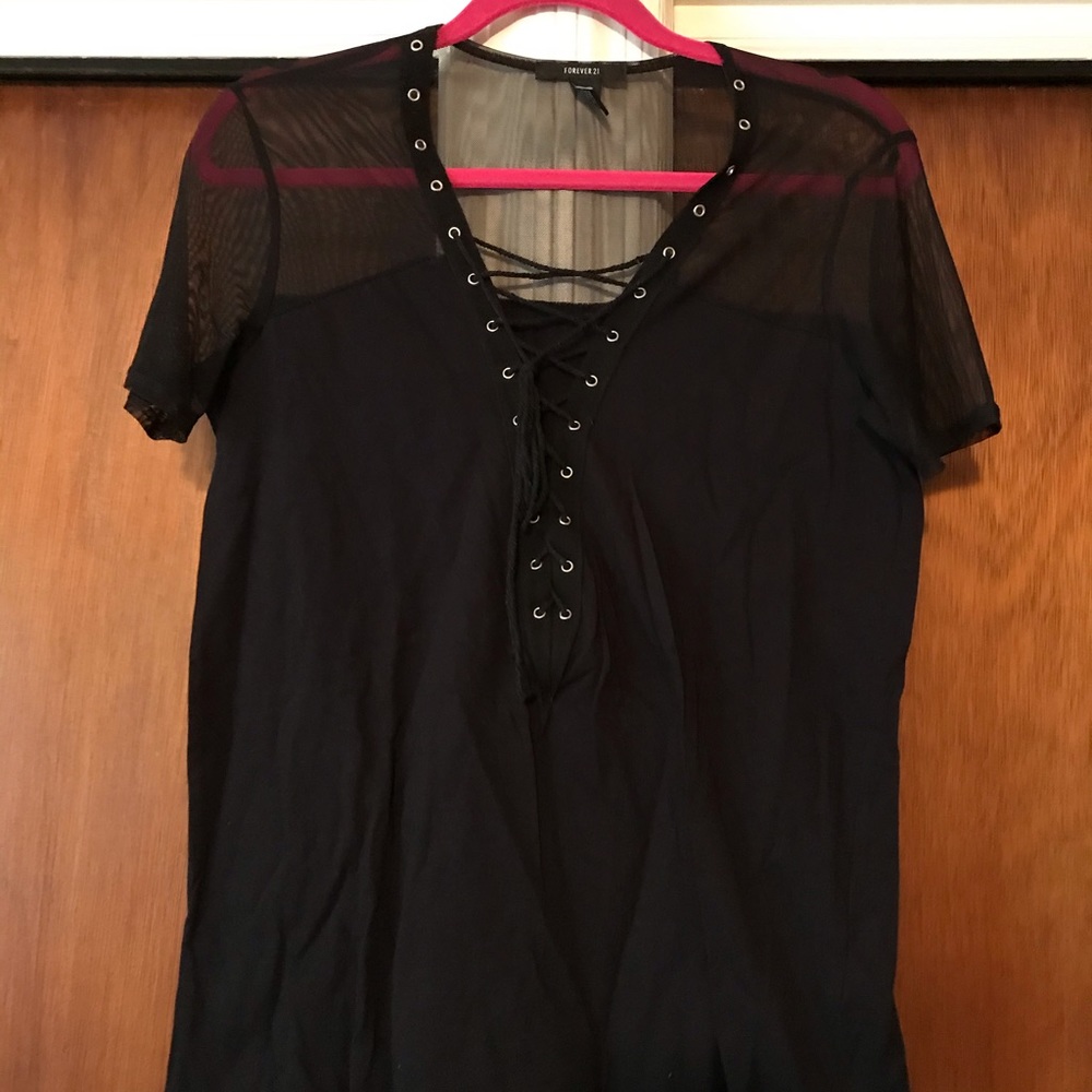 Forever 21 black mesh top lace up t shirt size s